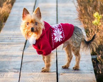 Luxuriöser und weicher Hundemantel Kapuzenpullover mit weißen Mustern gestrickt aus Wolle in mehreren Größen und Farben (Kleidung für kleine Hunde)