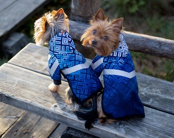 Blue print raincoat for Small Dogs made from softshell material with reflective stripes, Dog coat, Puppy clothing, Designer dog clothes