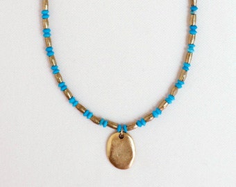 Blue Afghan Turquoise And Brass Necklace