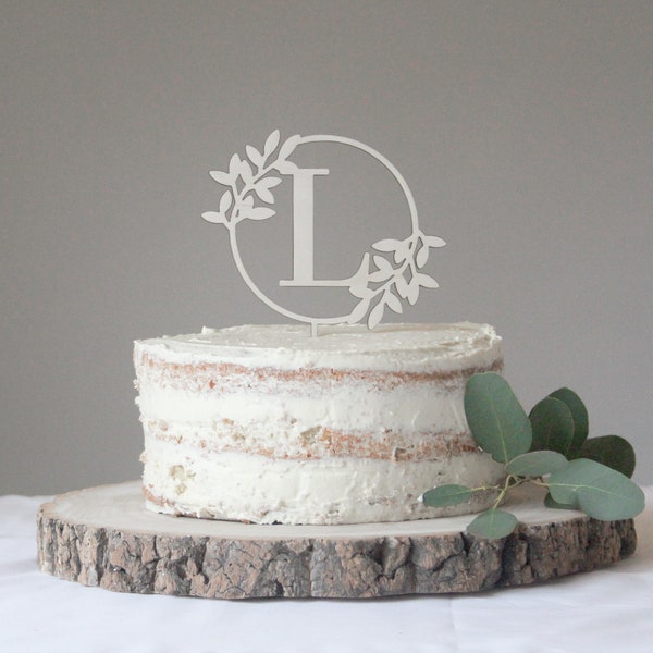 Monogram Wedding Cake Topper, Floral Wedding Cake Topper, Custom Initial Cake Topper, Wooden Cake Topper, Personalized, Botanical Topper