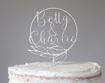 Personalised Name Cake Topper For Wedding, Minimal Wedding Topper, Floral Cake Topper, Wooden Cake Topper, Wedding Cake Toppers