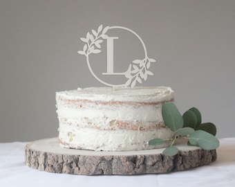 Monogram Wedding Cake Topper, Floral Wedding Cake Topper, Custom Initial Cake Topper, Wooden Cake Topper, Personalized, Botanical Topper