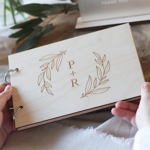 Initials and Circular Foliage Guest Book, Wooden Wedding Guest Book, Wooden Guestbook, Modern Guest Book, Personalised Guest Book, Unique