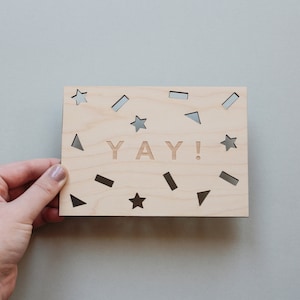 YAY Celebration Wooden Postcard Laser Cut Wood Card, Wood Postcard, Wooden Card, Gift for Her, Gift for Him, Birthday Card image 1