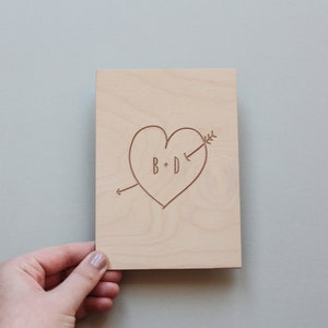 Wooden Love Card, Personalised Love Card, Wood Anniversary Card, 5th Anniversary Card Personalised Engraved Love Heart Card image 1