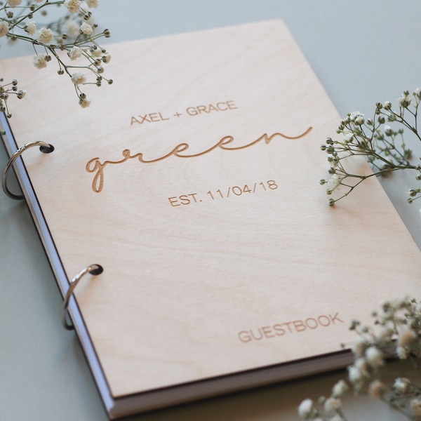 Custom Wooden Birch Photo Album Guest Book, Modern Wedding Guestbook With Simple Minimalistic Design, Custom Text and Date