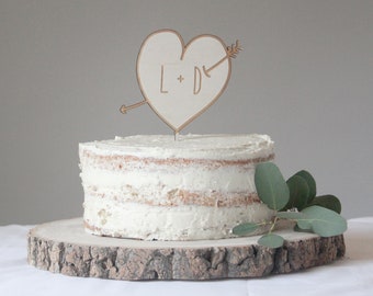 Heart Cake Topper With Initials, Heart Wedding Cake Topper, Cupid Wedding Topper, Arrow Wedding Topper, Wooden Cake Topper, Wedding Decor