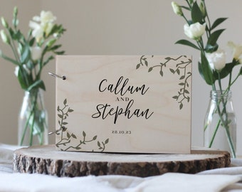 Wooden Wedding Guest Book, Guest Book with Leaves, Wedding Guestbook, Modern Guest Book, Personalised Guest Book,