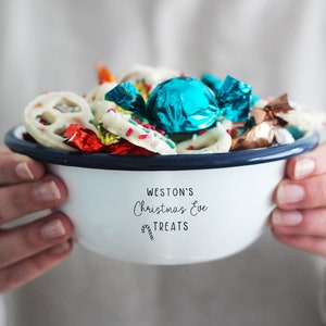 Personalized Christmas Eve Enamel Snack Bowl: Custom Name Treat Bowl