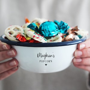 Personalized Enamel Popcorn Bowl: Custom Movie Night Snack Bowl