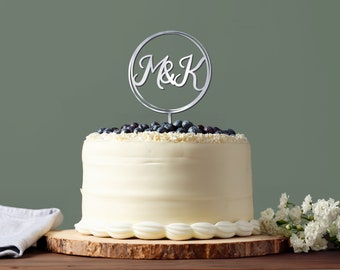 Wood or Acrylic Cake Topper with Initials, Minimal Topper, Wreath Wedding Topper, Wooden Cake Topper, Birch Wedding Cake Topper