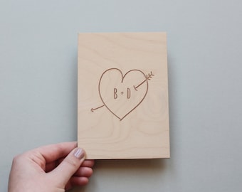 Wooden Love Card, Personalised Love Card, Wood Anniversary Card, 5th Anniversary Card - Personalised Engraved Love Heart Card