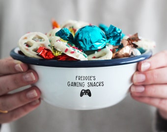 Gepersonaliseerde snackkom, aangepaste naamkom, cadeau voor gamers, cadeau voor kleinzoon, neefcadeau, gamercadeaus, gepersonaliseerd verjaardagscadeau