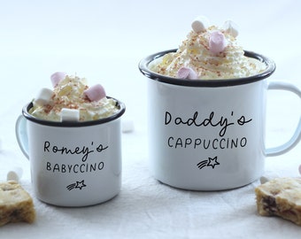Personalised set of mugs, gift for Daddy , engraved mug, personalised enamel mug, Babyccino mug, first Father's Day gift, Gift for Mummy