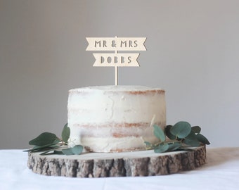 Acrylic or Wood Cake Topper Rustic, Custom Topper, Woodland Wedding Cake Topper, Wooden Cake Topper, Surname Wedding Cake Topper