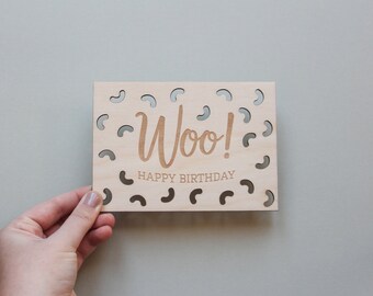 Woo Birthday Card - Wooden Postcard, Happy Birthday Card, Wood Cut Card, Laser Cut Wood Card, Wood Postcard, Wooden Card, Gift