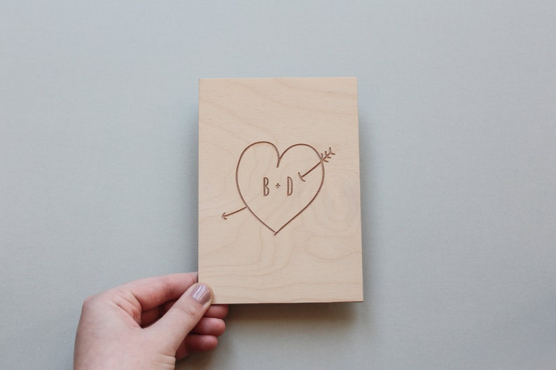 Wooden Love Card, Personalised Love Card, Wood Anniversary Card, 5th Anniversary Card Personalised Engraved Love Heart Card image 1