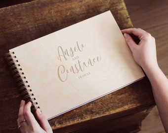 Elegant Wire Bound Wedding Guest Book - Forenames Engraving on sustainable birch wood (A5/A4)