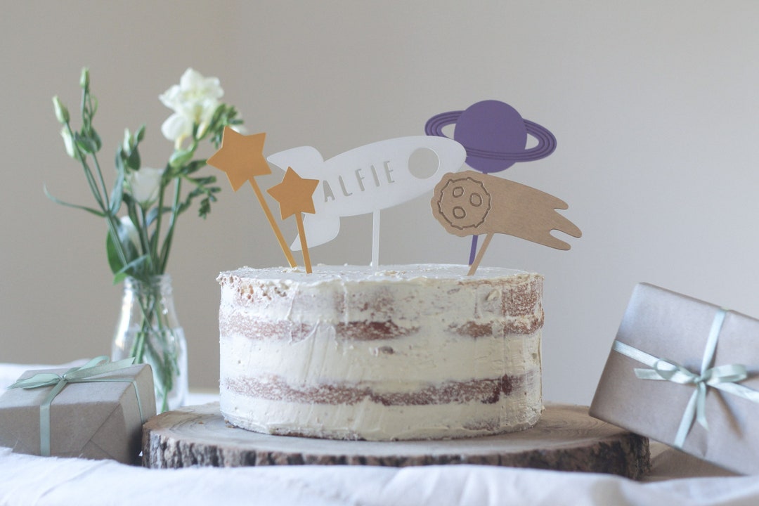 Spaceship Birthday Cake Topper, Wooden Personalised Cake Topper, Name
