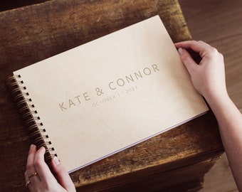 Simple Wire Bound Wedding Guest Book - Name Engraving on sustainable birch wood (A5/A4)
