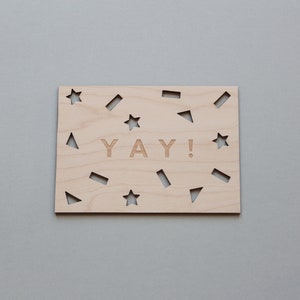 YAY Celebration Wooden Postcard Laser Cut Wood Card, Wood Postcard, Wooden Card, Gift for Her, Gift for Him, Birthday Card image 2