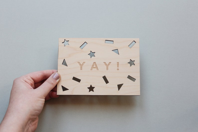 YAY Celebration Wooden Postcard Laser Cut Wood Card, Wood Postcard, Wooden Card, Gift for Her, Gift for Him, Birthday Card image 1