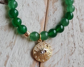 Green Jade Gemstone Boho Beaded Bracelets 18k Gold Plated Evil Eye Charm and Bead - BOHOSEASON