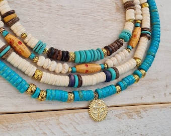 Heishi Beads Boho Necklace Brown Cream Turquoise Golden Spacers 16" length - BOHOSEASON