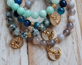 Gemstone Boho Beaded Bracelets 18k Gold Plated Buddah Pave Charm and Bead Jasper Aquamarine Grey Agate BOHOSEASON