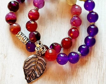 Set of 2 Boho Bracelets Stack 10mm Gemstones Pinks Purples Agate Leaf Charm -  BOHOSEASON