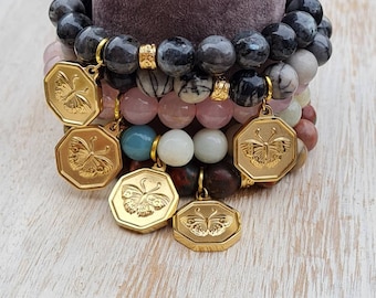 Gemstone Bracelets 8mm 16k Gold Plated Butterfly Charm and Bead Moonstone Cherry Quartz Aquamarine  Zebra Jasper - BOHOSEASON