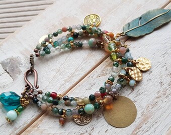 Indian Agate Gemstone  Bracelet Gypsy Style Feather Golden Coins Charms Beads - BOHOSEASON