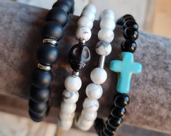Set x 4 Mens Stretch Bracelets Black White Gemstone Beads and Stainless Steel Skull Cross  - BOHOSEASON