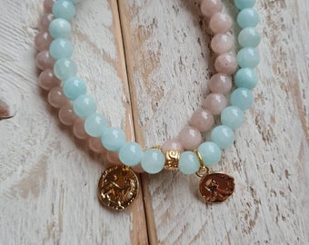 Gemstone Bracelets 18k Gold Plated Coin Charm Sea Breeze or Thistle Jade  - BOHOSEASON