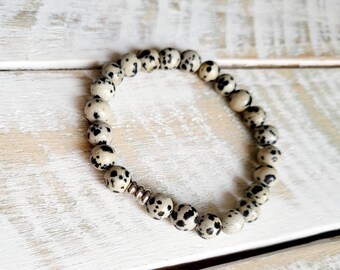 Mens Boho Bracelet Black Cream 8mm Dalmatian Jasper Gemstone Beads Stainless Steel - BOHOSEASON