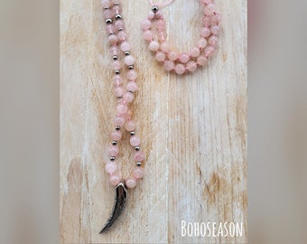 Rose Quartz Necklace 80cm Stainless Steel Beads Pendant 8mm Non Tarnish - BOHOSEASON