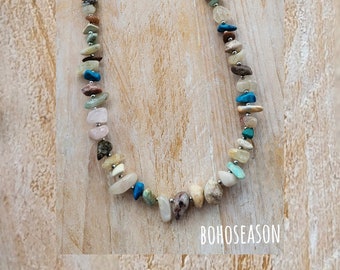 Chunky Mixed Gemstone Chip Boho Necklace 21" Steel Beads Non Tarnish - BOHOSEASON