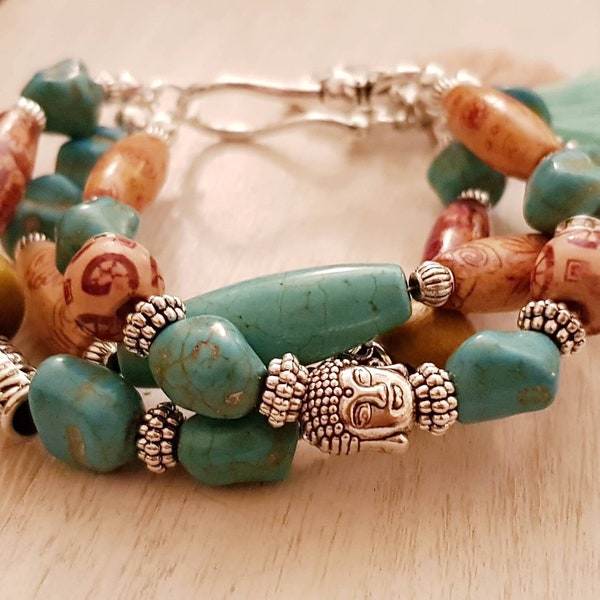 BOHO Bracelet 3 Rangs 10mm-3.2mm Turquoise Pépites de Pierres Précieuses & Perles en Bois Buddah Grand Crochet Glands, Breloque Boussole, Yoga by - BOHOSEASON