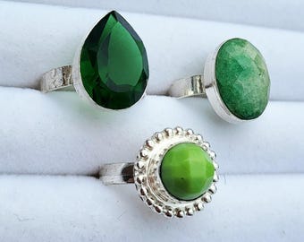 Gemstone Rings Green Agate Jade  925 Silver Plated Sizes Vary- Bohoseason