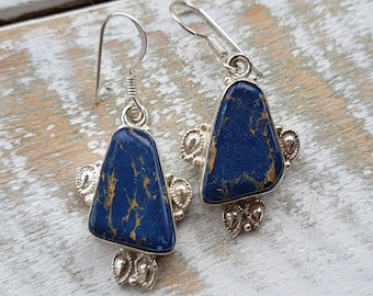 Blue Magnesite Gemstone Earrings Drops Pierced 925 Silver Plated - BOHOSEASON