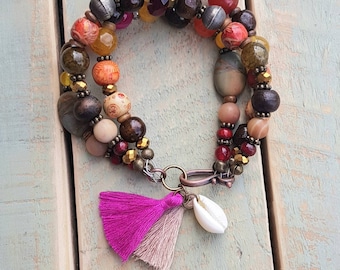 Boho Bracelet 3 x Rows Agate Jasper Deep Reds Oranges Gemstones Wooden Beads Tassels Shell  - BOHOSEASON