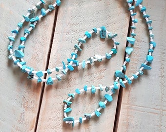 Turquoise Chips and White Seed Beaded Beach Necklace 34'' - BOHOSEASON