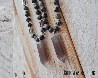 Labradorite Beaded Necklace 6mm Gemstones Grey Agate Pendant Faceted Glass Spacers - BOHOSEASON