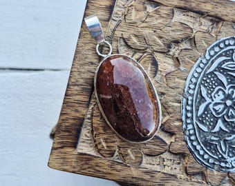 Red Moss Agate Gemstone Pendant Lg Oval 925 Silver Plated - BOHOSEASON
