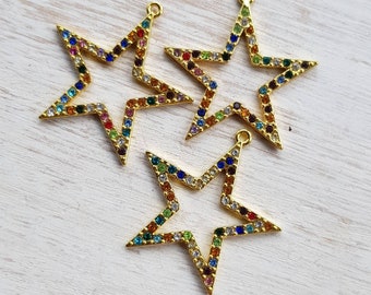Golden Star Pendants Multicolored Pave CZ's 30.5mm Jewellery Findings Charms - Bohoseason