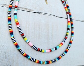 Stripes Heishi Necklace Bright Colours 18k Gold Plated Boho Jewellery - BOHOSEASON