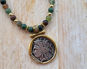 Indian Agate Coin Pendant Necklace 28" 18k Gold Plated - BOHOSEASON