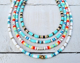 Stripes Heishi Necklace Bright Colours 18k Gold Plated Boho Jewellery - BOHOSEASON