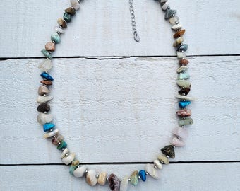 Mixed Agate Beaded Gemstone Necklace 21" Stainless Steel Earthy Colours Non Tarnish - BOHOSEASON