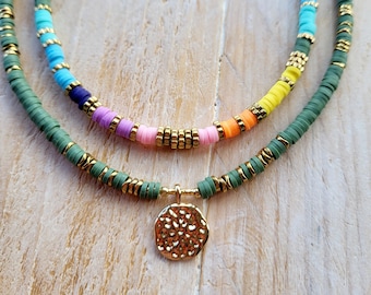 Green Rainbow Heishi Necklace Reversible Moon Pendant 18k Gold Plated Boho Jewellery - BOHOSEASON